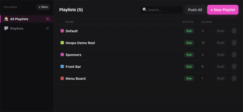 Each playlist shows whether it's live or has unpushed changes.